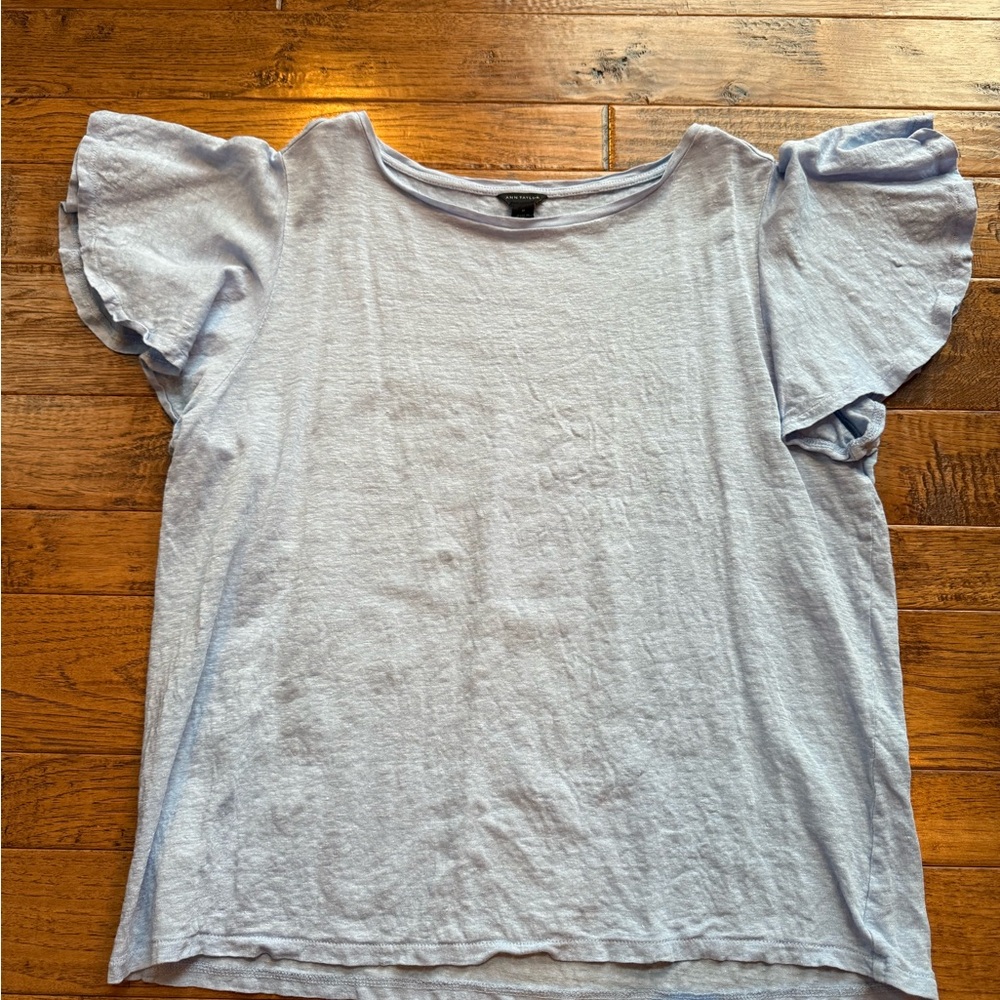 Ann Taylor Linen ruffle sleeve top, size M, light blue